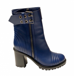 Casadei Buckle Detail Block Heel Ankle Boots in Blue Leather