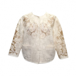 Dolce & Gabbana cream heavy cotton weave jacket with cut-out flower embroidery