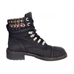 Chanel ankle boots in black leather with grey-red tweed trim