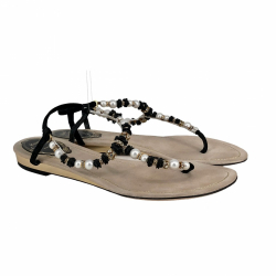René Caovilla flat T-bar sandals in crystals, faux pearls & black rosettes