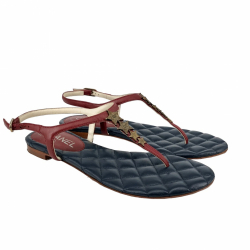 Chanel flat T-bar sandals in burgundy leather with star medallions and blue leather quilt soles