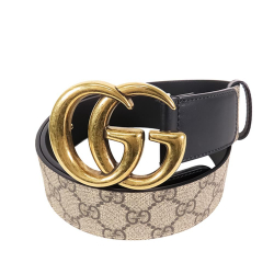 Gucci AB Gucci Brown Beige with Black Coated Canvas Fabric GG Supreme and Marmont Leather Belt Italy