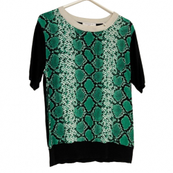 Sandro Seiden-T-Shirt mit weißem/grünem Schlangendruck, schwarze Baumwolle/Kaschmir