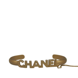 Chanel AB Chanel Gold Gold Plated Metal Logo Bangle with Chain Attached CC Crystal Ring France