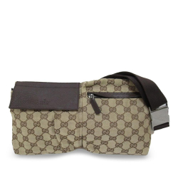 Gucci AB Gucci Brown Beige Canvas Fabric GG Double Pocket Belt Bag Italy