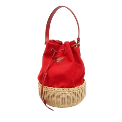 Prada AB Prada Red Beige with Brown Beige Canvas Fabric Midollino and Canapa Bucket Bag Italy