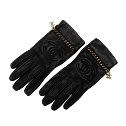 Chanel AB Chanel Black Lambskin Leather Leather Lambskin CC Chain Link Gloves France