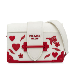 Prada AB Prada White Calf Leather Saffiano Trimmed City Cahier Flower Heart Bag Italy