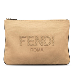 Fendi AB Fendi Brown Beige Canvas Fabric Roma Clutch Italy
