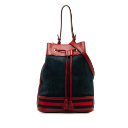 Gucci B Gucci Blue Navy with Red Suede Leather Small Web Ophidia Bucket Italy