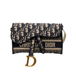 Christian Dior B Dior Blue Canvas Fabric Oblique Saddle Slim Belt Pouch Italy
