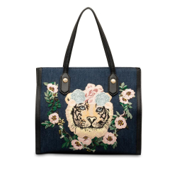 Gucci AB Gucci Blue Navy Denim Fabric Tiger Embroidered Tote Italy