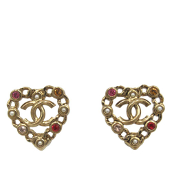 Chanel AB Chanel Gold Gold Plated Metal Pearl Crystal CC Heart Earrings France