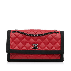 Chanel A Chanel Red Lambskin Leather Leather Medium Quilted Lambskin Grosgrain Two Tone Flap Bag Italy