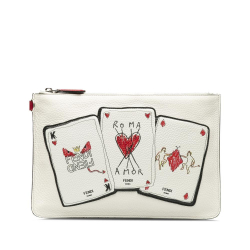 Fendi AB Fendi White Calf Leather Roma Playing Cards Zip Clutch Italy