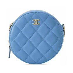 Chanel B Chanel Blue Light Blue Lambskin Leather Leather Quilted Lambskin Round Clutch with Chain Italy