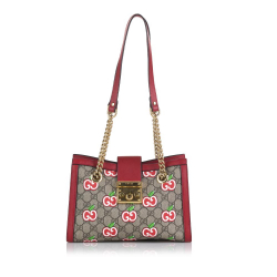 Gucci AB Gucci Brown Beige with Red Coated Canvas Fabric GG Supreme Apple Padlock Tote Italy
