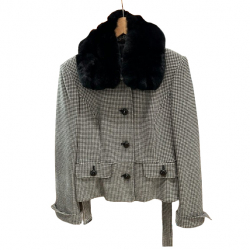 Weekend Max Mara Black and White Pied de Poule Classic Jacket with detachable fur collar