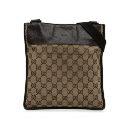 Gucci B Gucci Brown Beige Canvas Fabric GG Flat Messenger Italy
