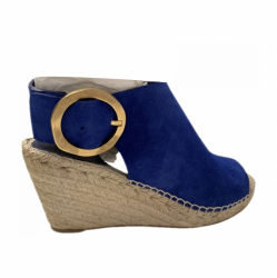 Celine satin rond or bleu royal cuir daim sandale compensée