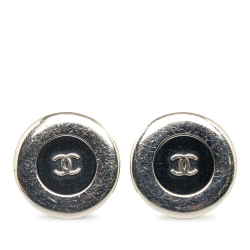 Chanel B Chanel Silver with Black Brass Metal CC Clip On Earrings France