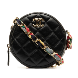 Chanel B Chanel Black Lambskin Leather Leather Quilted Lambskin Ribbon Round Clutch With Chain Italy