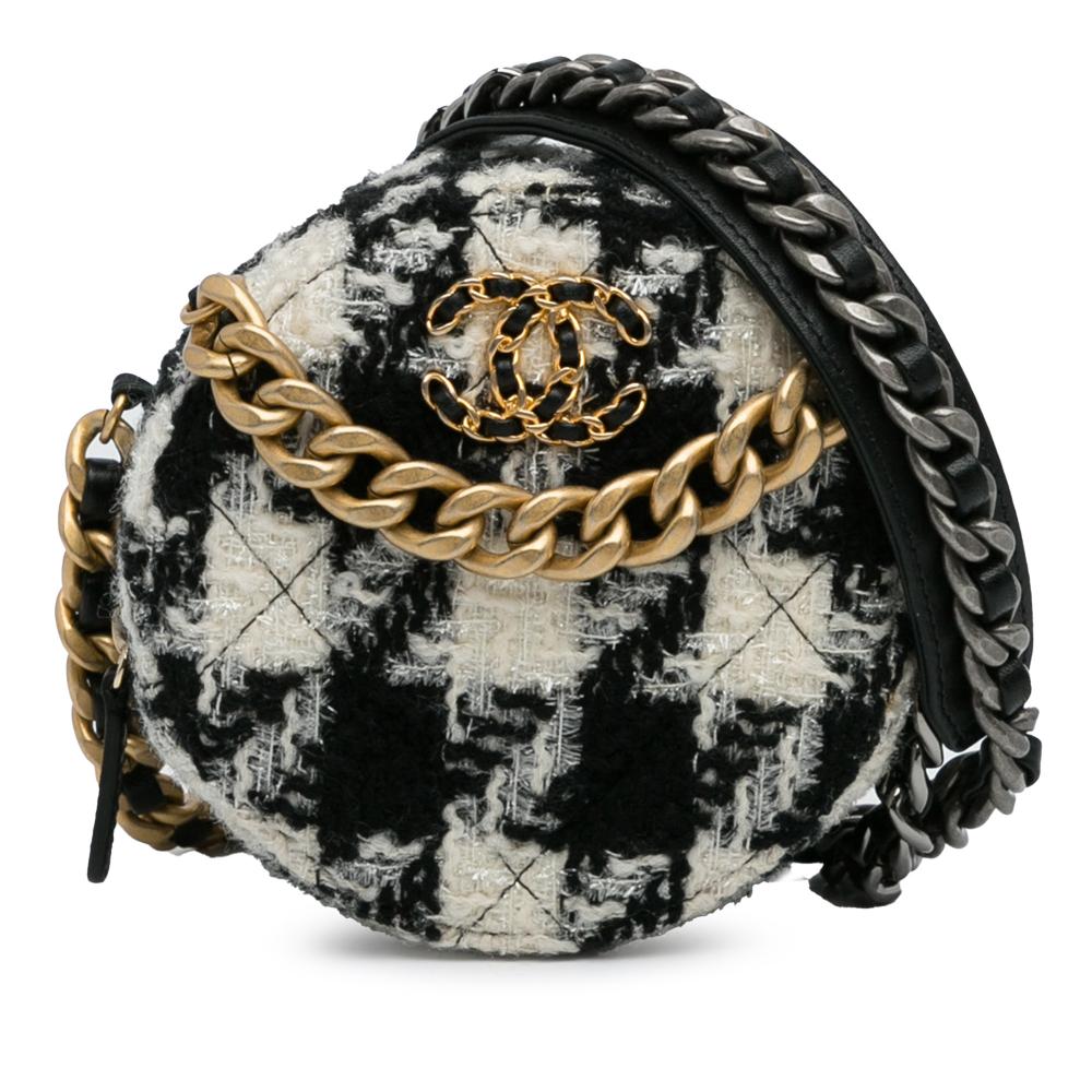 Chanel AB Chanel Black with White Tweed Fabric Round 19 Clutch with Chain and Lambskin Coin Purse Italy