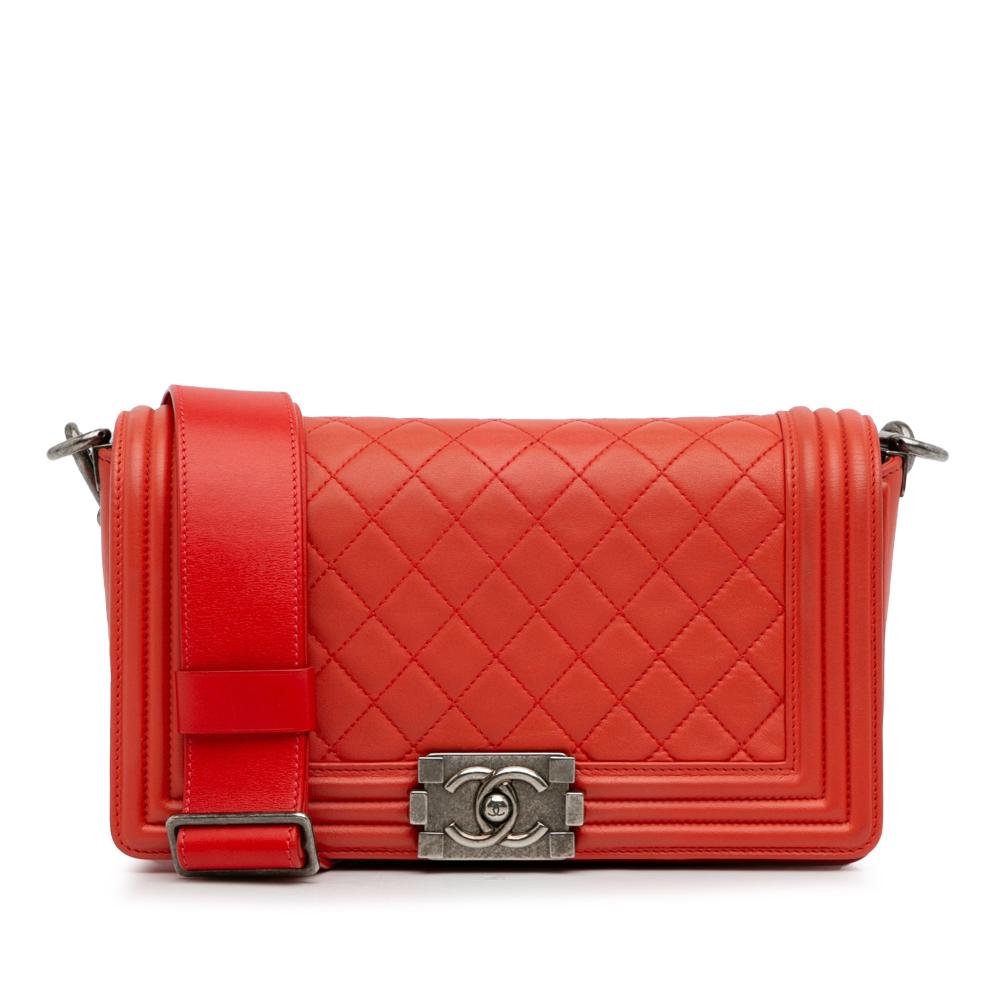 Chanel AB Chanel Red Lambskin Leather Leather Medium Lambskin Boy Galuchat Strap Flap Bag Italy