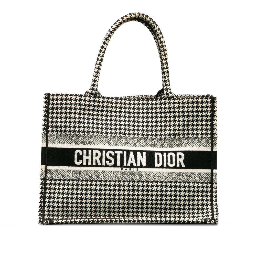 Christian Dior AB Dior Black Canvas Fabric Medium Houndstooth Embroidered Book Tote Italy