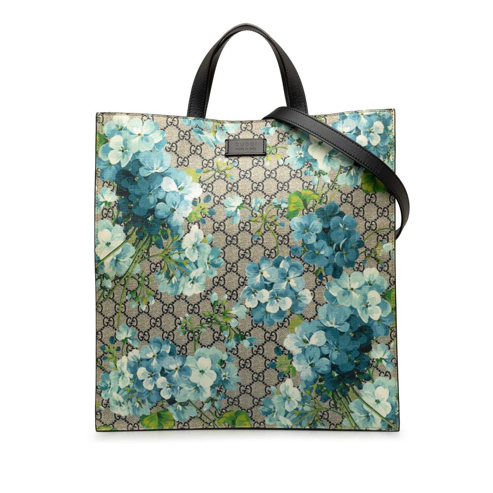 Gucci AB Gucci Blue Coated Canvas Fabric GG Supreme Blooms Convertible Soft Tote Italy