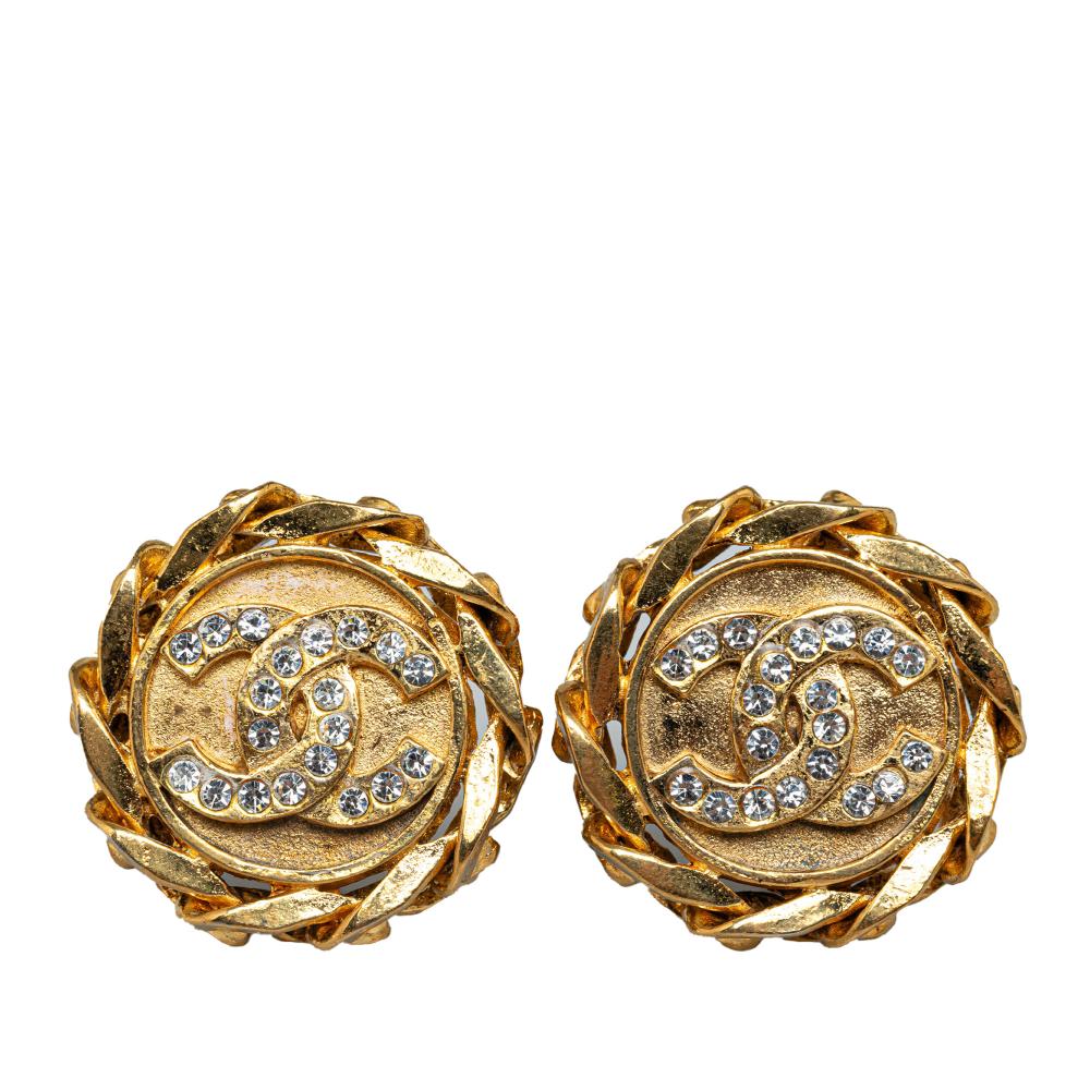 Chanel B Chanel Gold Gold Plated Metal CC Rhinestone Clip on Earrings France
