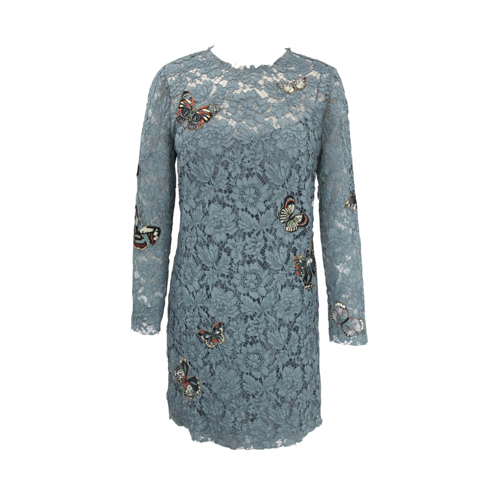 Valentino dress in dust blue guipure lace and embroidered butterflies