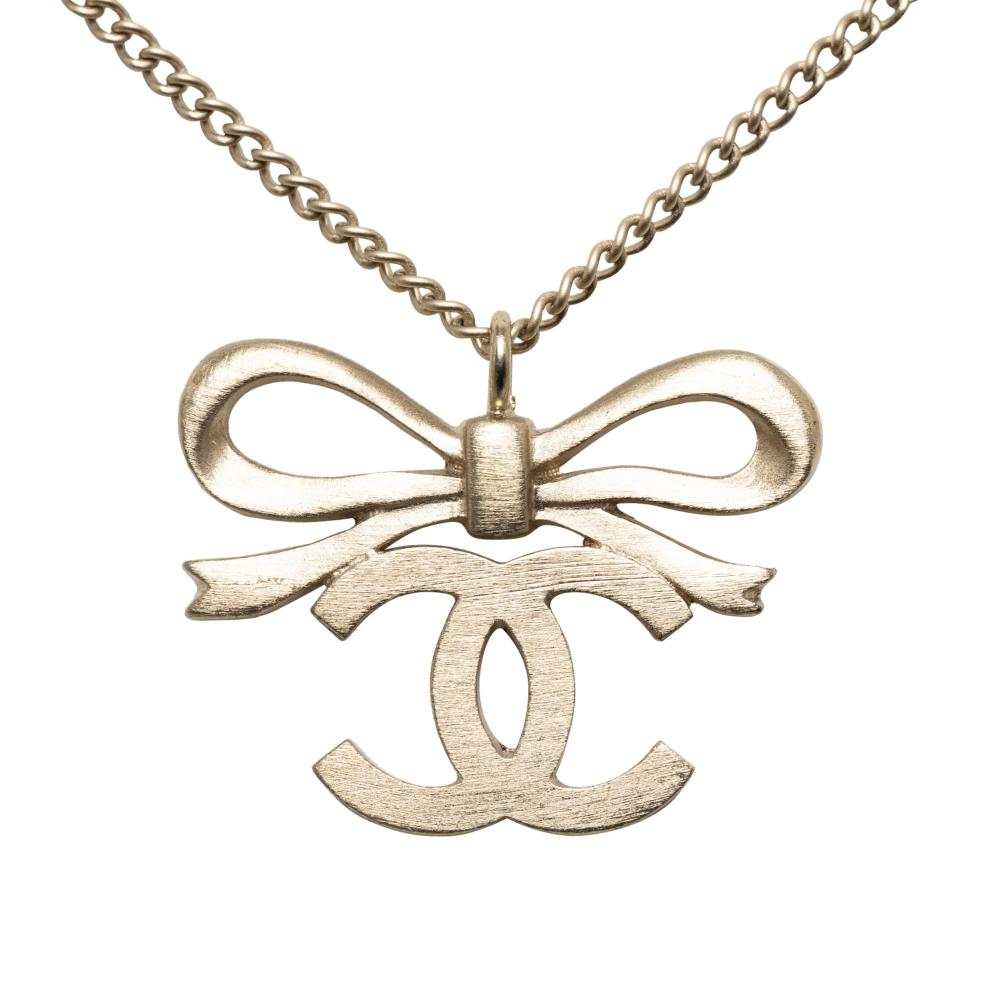 Chanel AB Chanel Silver Brass Metal CC Ribbon Pendant Necklace France