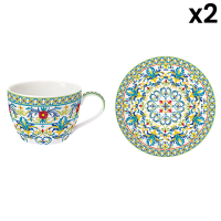 Easy Life Set 2 Porcelain Coffee Cups 110ml. & Saucers in Color Box Mediterraneo