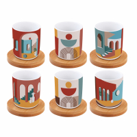 Easy Life Set 6 Coffee Cups 110ml in Porcelain & Bamboo Saucers in Gift Box Illusion