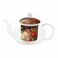 Easy Life Teapot in Borosilicate Glass W/Porcelain Infuser & Lid in Color Box Victorian Garden - 450ml Capacity