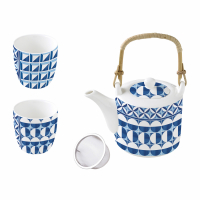 Easy Life Porcelain Teapot 600ml W/Metal Infuser And 2 Cups 160ml Geometric