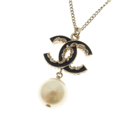 B Chanel Gold with White Metal CC Pearl Necklace France - Chanel