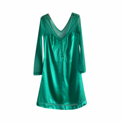 Zadig & Voltaire robe soie verte, manches longues voile transparent, petits boutons sur décolleté