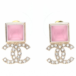 Chanel Metal Crystal CC Earrings Gold Pink SMALL
