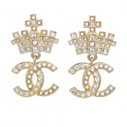 Chanel 2021 Pearl Crystal Crown Cc Drop Ghw Earrings