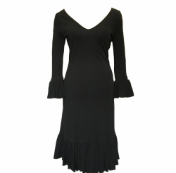 Celine dress in black viscose with frilled cuffs & hem