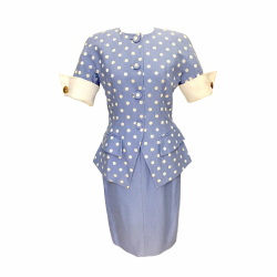 Christian Dior Dior Couture vintage skirt-suit in sky-blue linen with white polka dots