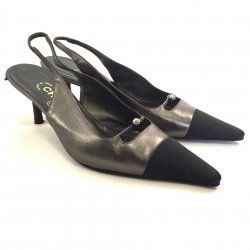 Chanel vintage slingbacks in pewter leather with black satin toes