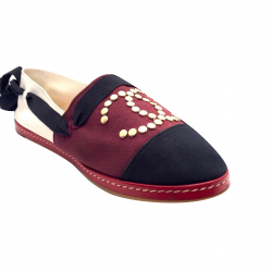 Chanel flats in navy & burgundy canvas with gold stud Cs and ankle ribbons