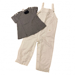 Petit Bateau White overalls and milleraies tee-shirt set