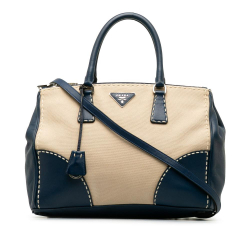 Prada B Prada Brown Beige with Blue Canvas Fabric Small City Calf Hand Stitched Galleria Double Zip Italy