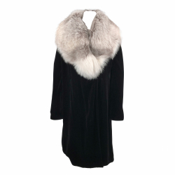 Blumarine black velvet long coat with silver-fox collar