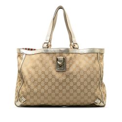 Gucci B Gucci Brown Beige Canvas Fabric GG Abbey D-Ring Tote Italy