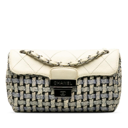 Chanel B Chanel Gray with White Tweed Fabric Flap Shoulder Bag Italy